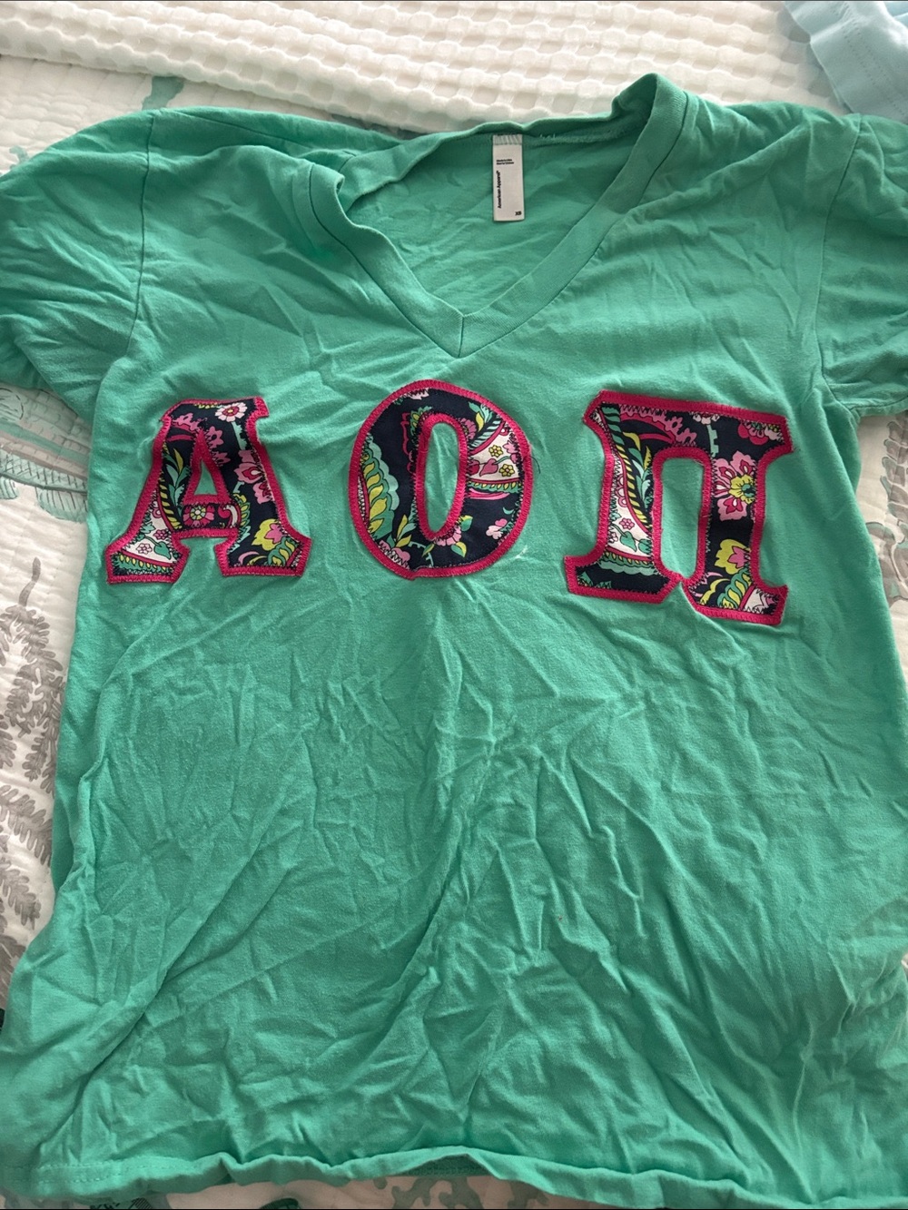 American Apparel Teal V-Neck Tee with Alpha Omicron Pi stitched letters (AOII)